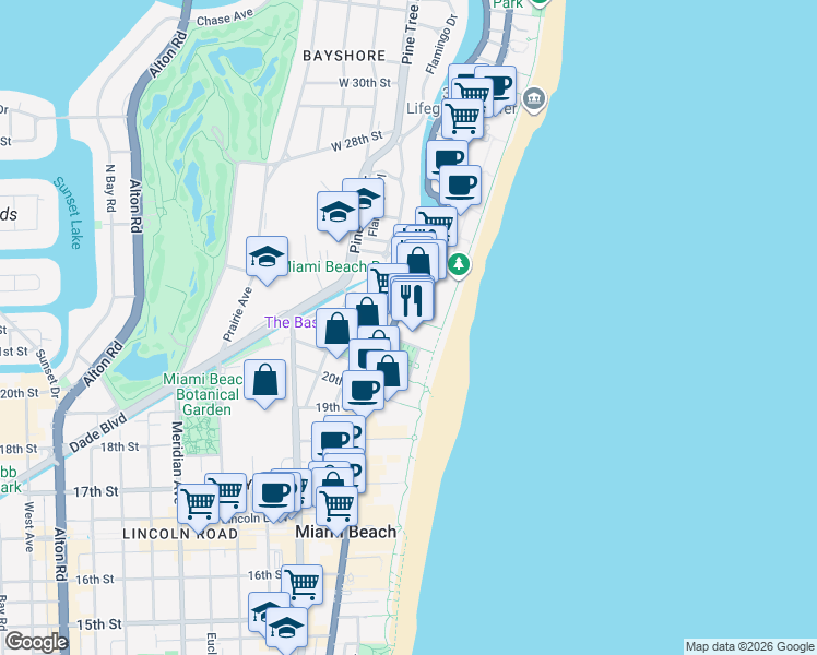 map of restaurants, bars, coffee shops, grocery stores, and more near 2301 Collins Avenue in Miami Beach