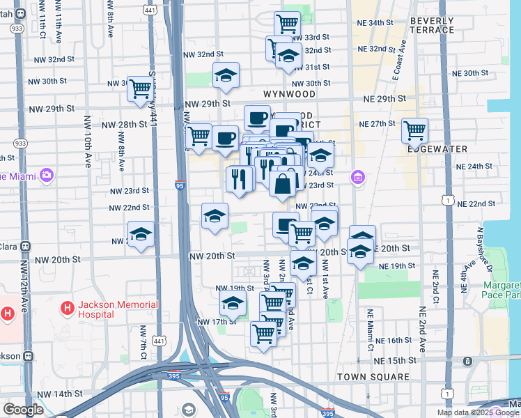 map of restaurants, bars, coffee shops, grocery stores, and more near 2250 Northwest 2nd Avenue in Miami