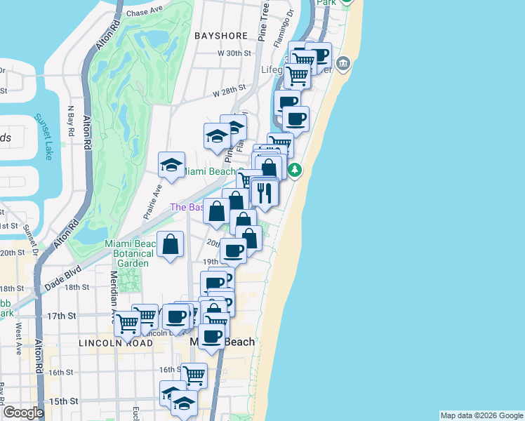 map of restaurants, bars, coffee shops, grocery stores, and more near 2301 Collins Avenue in Miami Beach