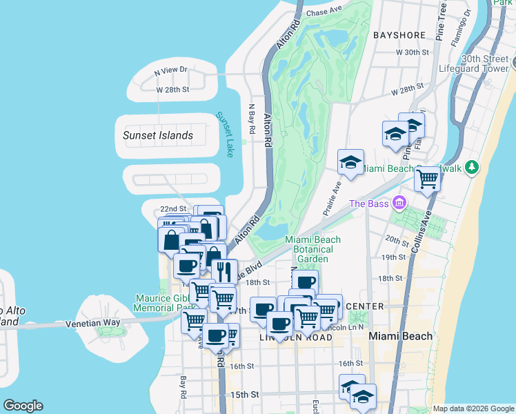 map of restaurants, bars, coffee shops, grocery stores, and more near 2065 North Bay Road in Miami Beach