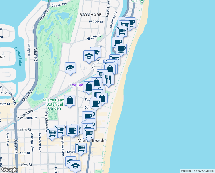 map of restaurants, bars, coffee shops, grocery stores, and more near 2301 Collins Avenue in Miami Beach