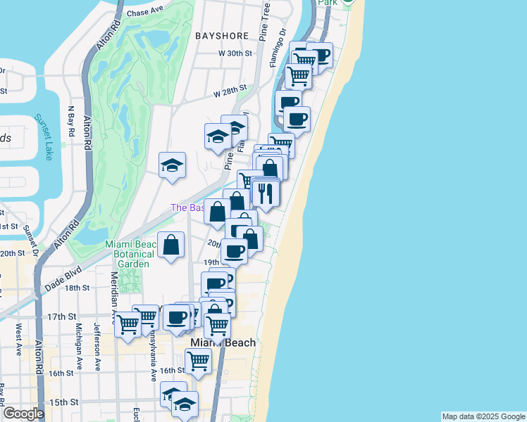 map of restaurants, bars, coffee shops, grocery stores, and more near 2201 Collins Avenue in Miami Beach