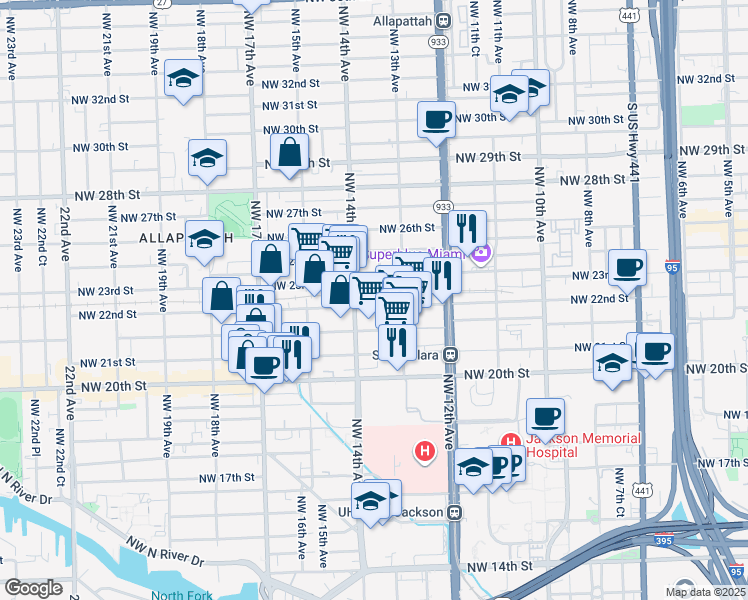 map of restaurants, bars, coffee shops, grocery stores, and more near 1360 Northwest 23rd Street in Miami