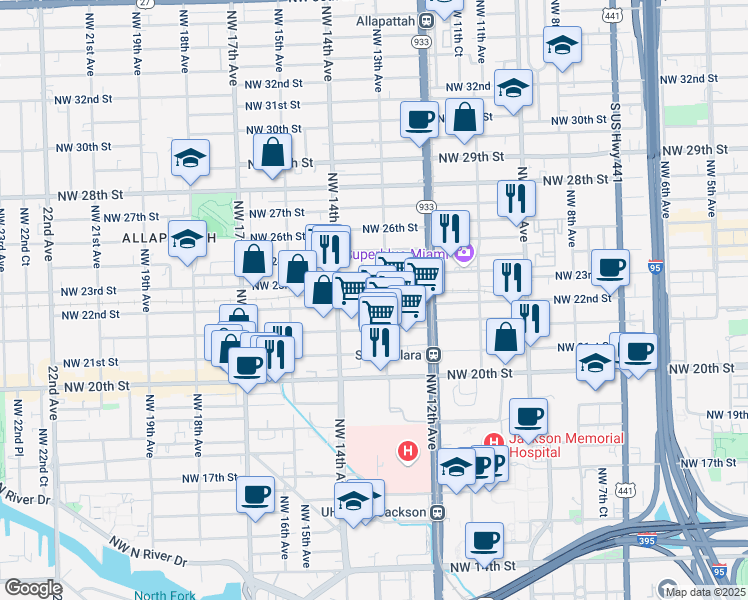 map of restaurants, bars, coffee shops, grocery stores, and more near 1299 Northwest 23rd Street in Miami