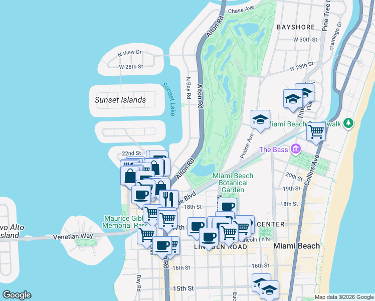map of restaurants, bars, coffee shops, grocery stores, and more near 2065 North Bay Road in Miami Beach
