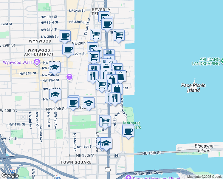 map of restaurants, bars, coffee shops, grocery stores, and more near 2200 Northeast 4th Avenue in Miami