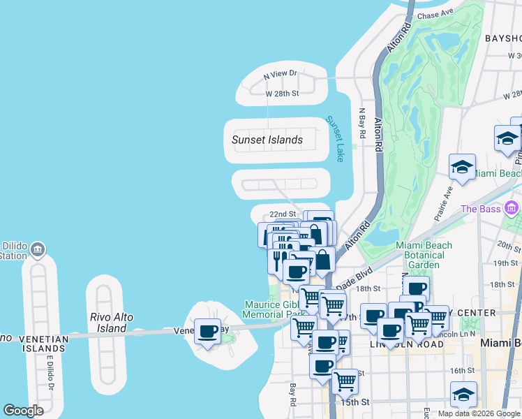 map of restaurants, bars, coffee shops, grocery stores, and more near 1730 West 23rd Street in Miami Beach