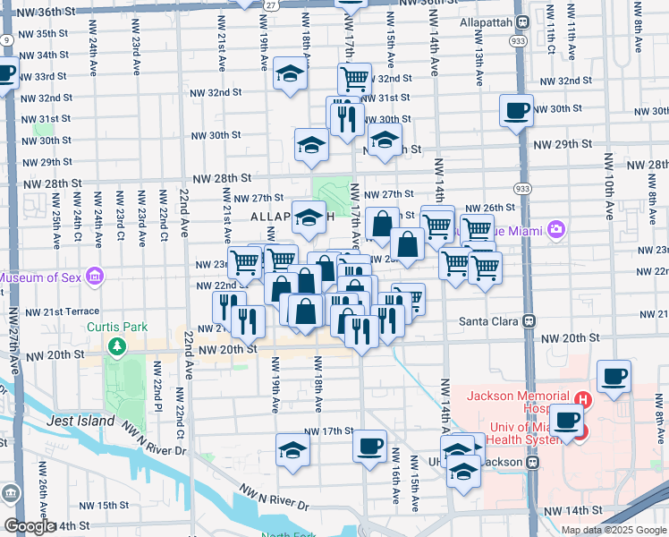 map of restaurants, bars, coffee shops, grocery stores, and more near 1749 Northwest 23rd Street in Miami