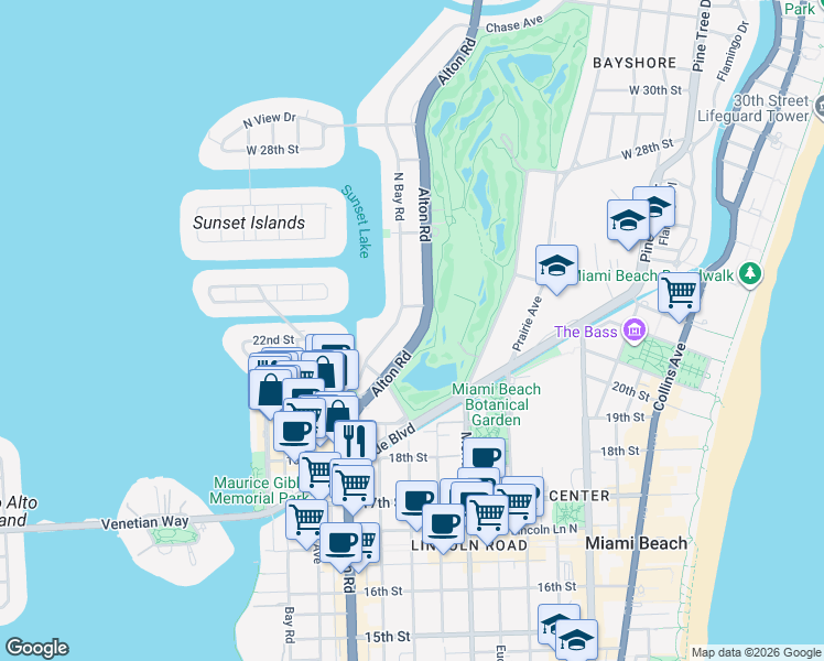 map of restaurants, bars, coffee shops, grocery stores, and more near 2065 North Bay Road in Miami Beach