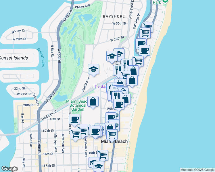 map of restaurants, bars, coffee shops, grocery stores, and more near 2155 Washington Court in Miami Beach