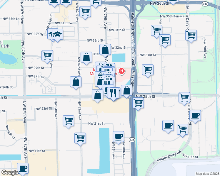 map of restaurants, bars, coffee shops, grocery stores, and more near 2653 Northwest 79th Avenue in Miami