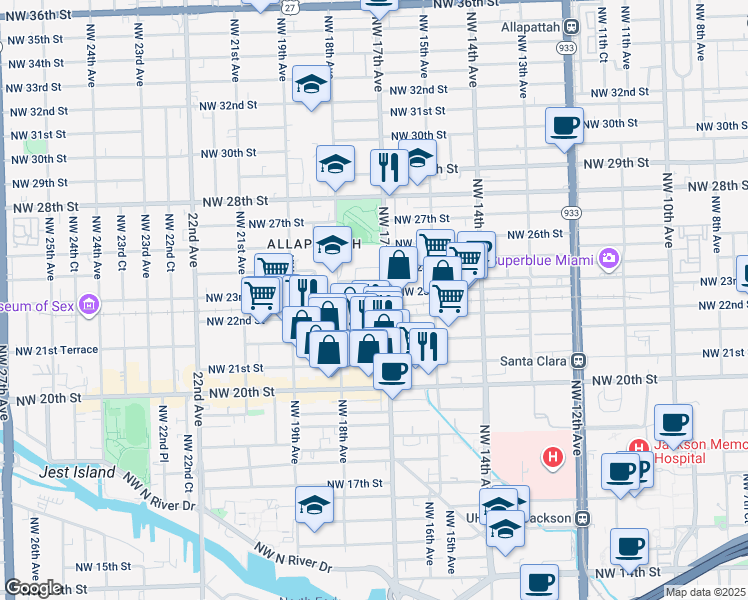 map of restaurants, bars, coffee shops, grocery stores, and more near 1749 Northwest 23rd Street in Miami