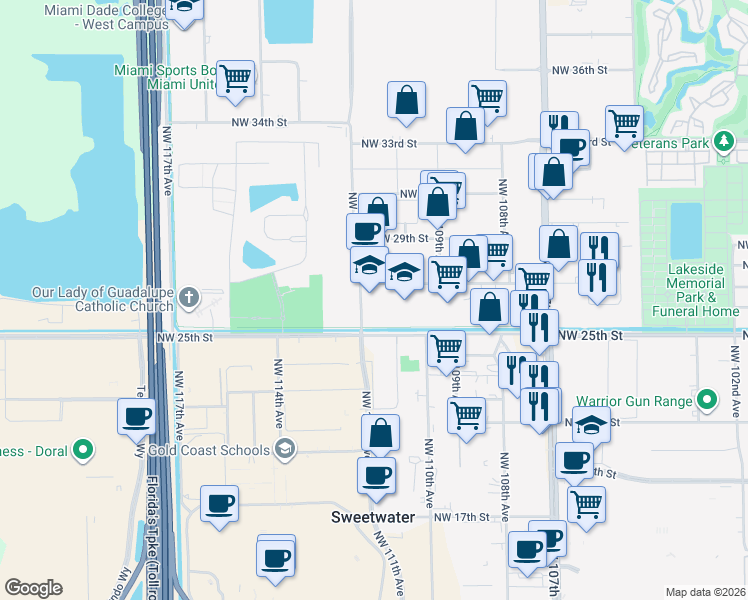 map of restaurants, bars, coffee shops, grocery stores, and more near 2601 Northwest 112th Avenue in Doral
