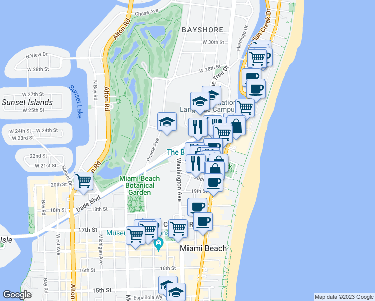 map of restaurants, bars, coffee shops, grocery stores, and more near 2155 Washington Court in Miami Beach