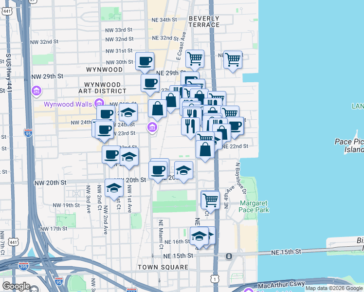 map of restaurants, bars, coffee shops, grocery stores, and more near 2304 Northeast 2nd Avenue in Miami