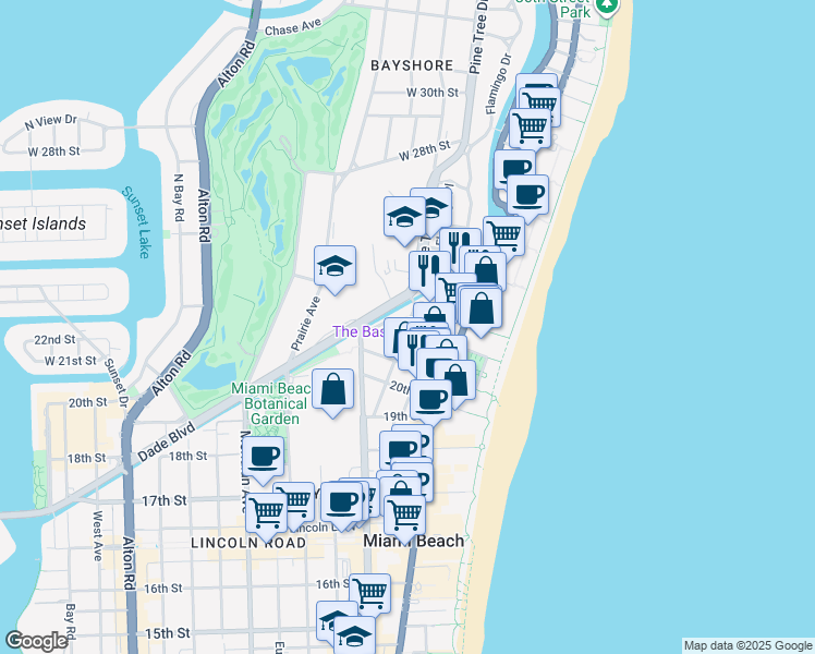 map of restaurants, bars, coffee shops, grocery stores, and more near 22nd St & Park Ave in Miami Beach