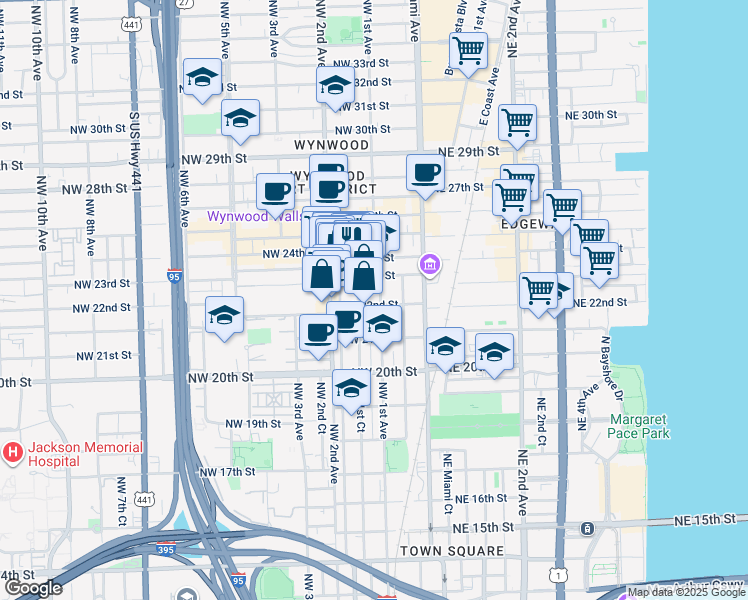 map of restaurants, bars, coffee shops, grocery stores, and more near 2229 Northwest 1st Court in Miami