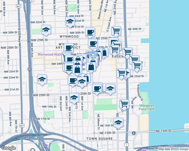 map of restaurants, bars, coffee shops, grocery stores, and more near 2245 North Miami Avenue in Miami