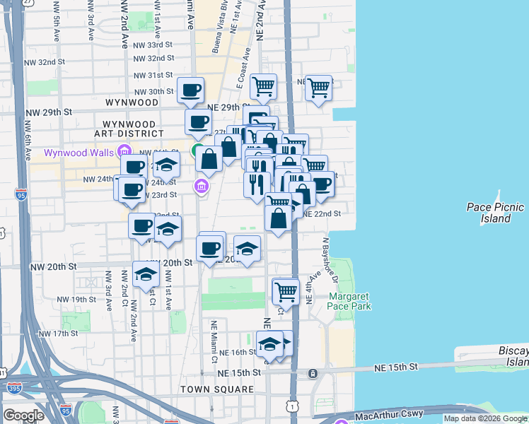 map of restaurants, bars, coffee shops, grocery stores, and more near in Miami