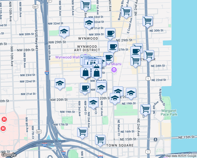 map of restaurants, bars, coffee shops, grocery stores, and more near 2229 Northwest 1st Court in Miami