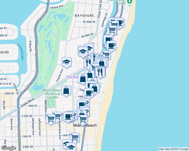 map of restaurants, bars, coffee shops, grocery stores, and more near in Miami Beach