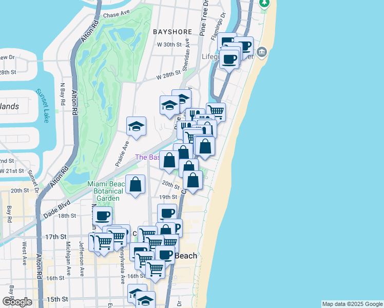 map of restaurants, bars, coffee shops, grocery stores, and more near in Miami Beach