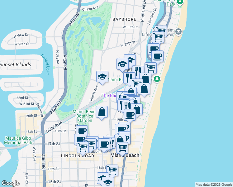 map of restaurants, bars, coffee shops, grocery stores, and more near 2155 Washington Court in Miami Beach