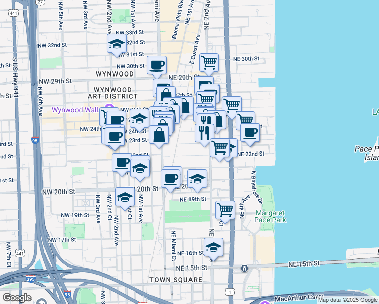 map of restaurants, bars, coffee shops, grocery stores, and more near 100 Northeast 23rd Street in Miami