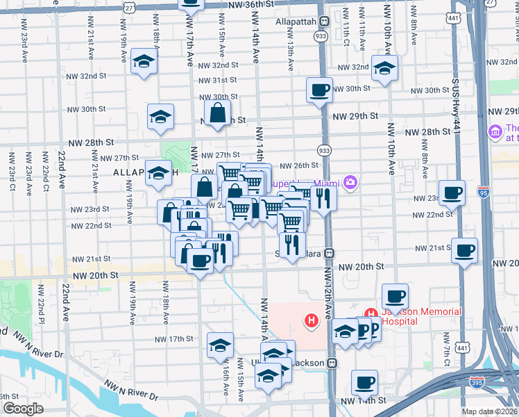 map of restaurants, bars, coffee shops, grocery stores, and more near 1408 Northwest 23rd Street in Miami