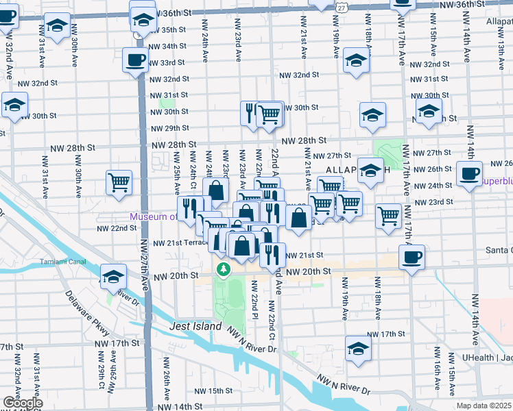 map of restaurants, bars, coffee shops, grocery stores, and more near 2315 Northwest 23rd Avenue in Miami