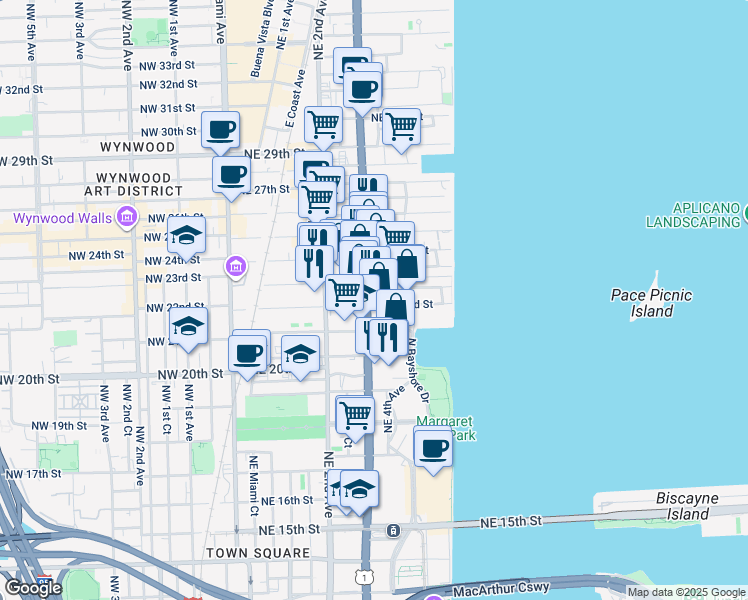 map of restaurants, bars, coffee shops, grocery stores, and more near 2200 Northeast 4th Avenue in Miami