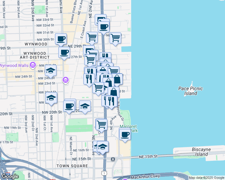 map of restaurants, bars, coffee shops, grocery stores, and more near 2200 Northeast 4th Avenue in Miami