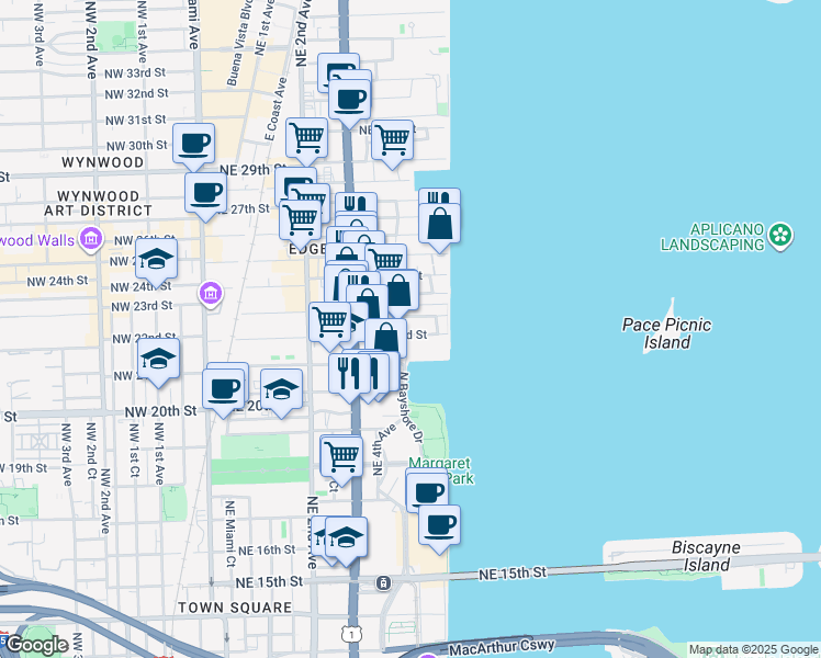 map of restaurants, bars, coffee shops, grocery stores, and more near 559 Northeast 22nd Street in Miami