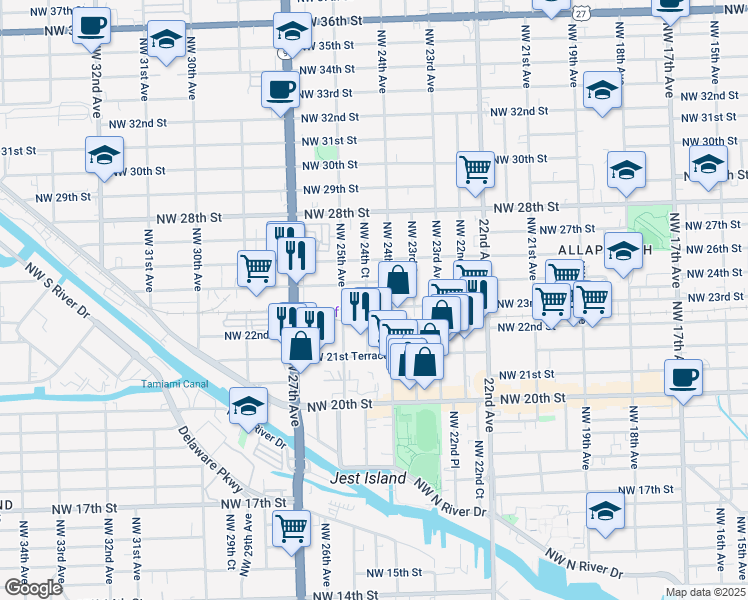 map of restaurants, bars, coffee shops, grocery stores, and more near 2435 Northwest 23rd Street in Miami