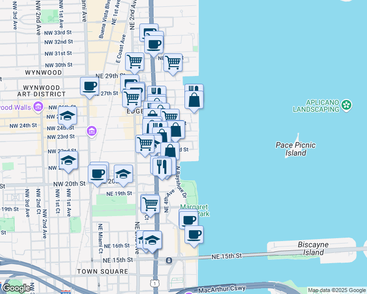 map of restaurants, bars, coffee shops, grocery stores, and more near 559 Northeast 22nd Street in Miami