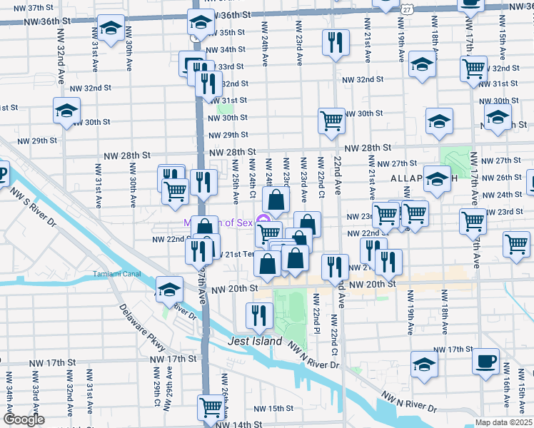 map of restaurants, bars, coffee shops, grocery stores, and more near 2435 Northwest 23rd Street in Miami