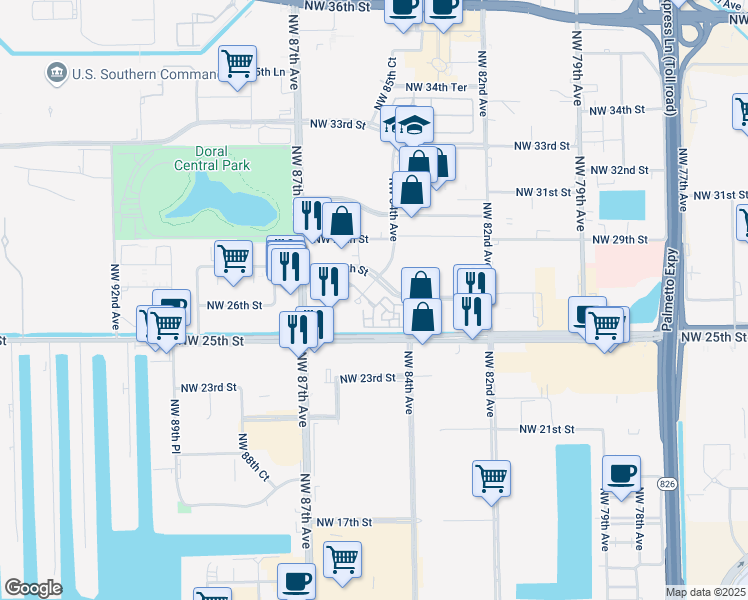 map of restaurants, bars, coffee shops, grocery stores, and more near 2611 Northwest 84th Avenue in Doral