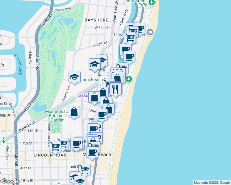 map of restaurants, bars, coffee shops, grocery stores, and more near 2301 Collins Avenue in Miami Beach