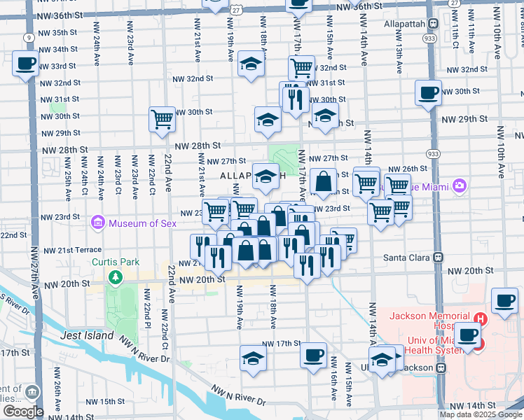map of restaurants, bars, coffee shops, grocery stores, and more near 1827 Northwest 23rd Street in Miami