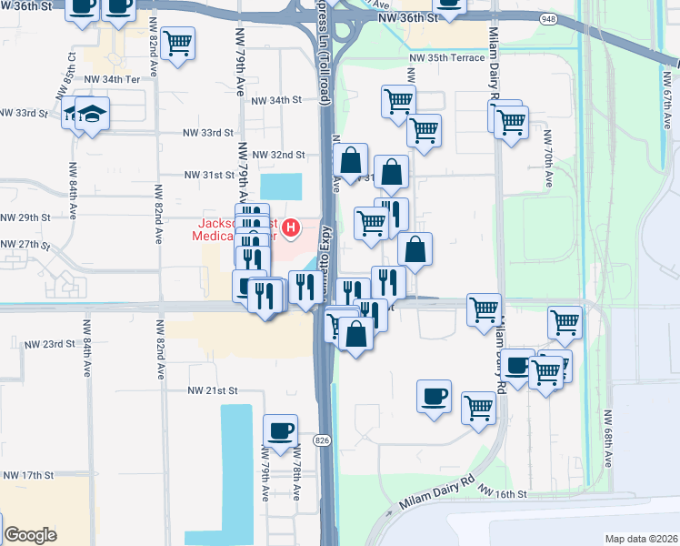 map of restaurants, bars, coffee shops, grocery stores, and more near 9998 Northwest 26th Street in Miami