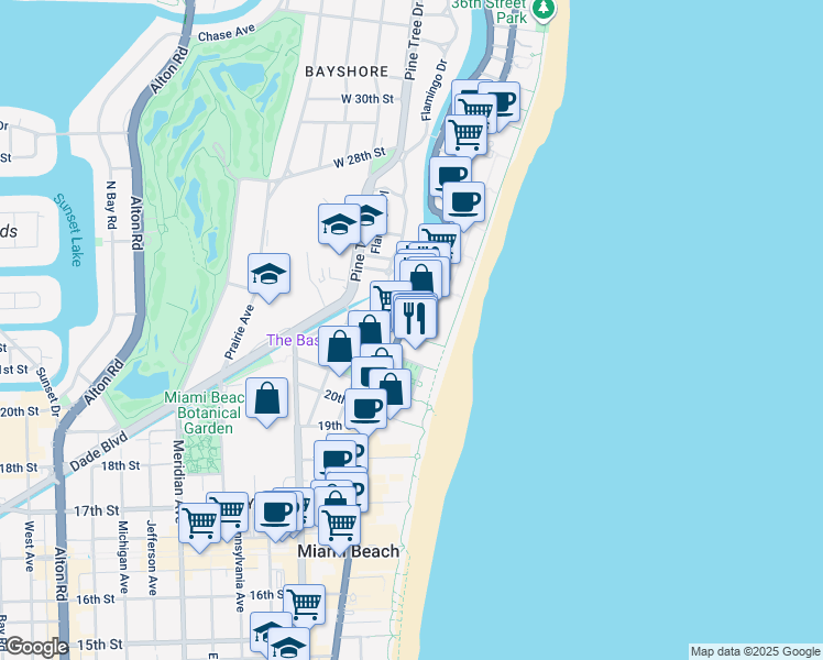 map of restaurants, bars, coffee shops, grocery stores, and more near 2301 Collins Avenue in Miami Beach