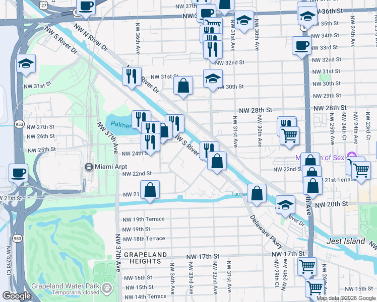map of restaurants, bars, coffee shops, grocery stores, and more near 3390 Northwest South River Drive in Miami