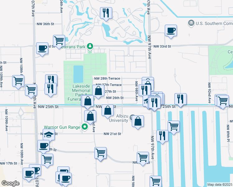 map of restaurants, bars, coffee shops, grocery stores, and more near 9938 Northwest 27th Street in Doral