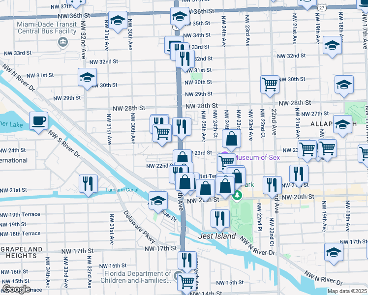 map of restaurants, bars, coffee shops, grocery stores, and more near 2325 Northwest 27th Avenue in Miami