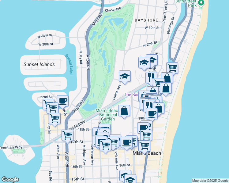 map of restaurants, bars, coffee shops, grocery stores, and more near 2094 Prairie Avenue in Miami Beach