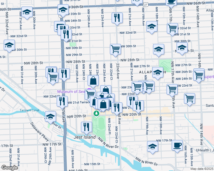 map of restaurants, bars, coffee shops, grocery stores, and more near 2315 Northwest 23rd Avenue in Miami