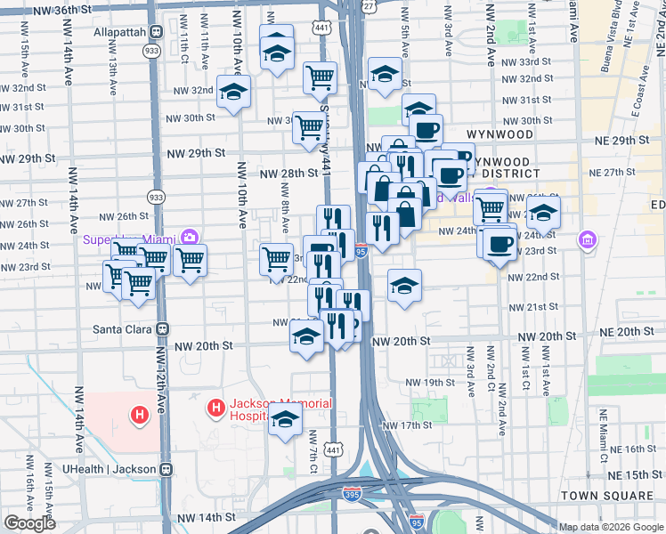 map of restaurants, bars, coffee shops, grocery stores, and more near 670 Northwest 23rd Street in Miami