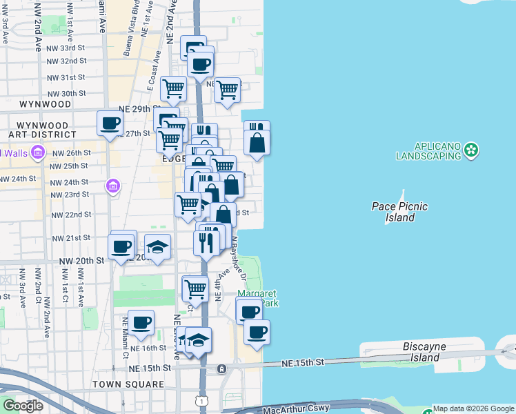 map of restaurants, bars, coffee shops, grocery stores, and more near 725 Northeast 22nd Street in Miami