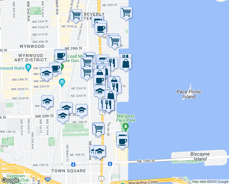 map of restaurants, bars, coffee shops, grocery stores, and more near 559 Northeast 22nd Street in Miami