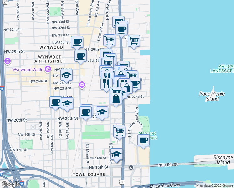 map of restaurants, bars, coffee shops, grocery stores, and more near 2200 Biscayne Boulevard in Miami